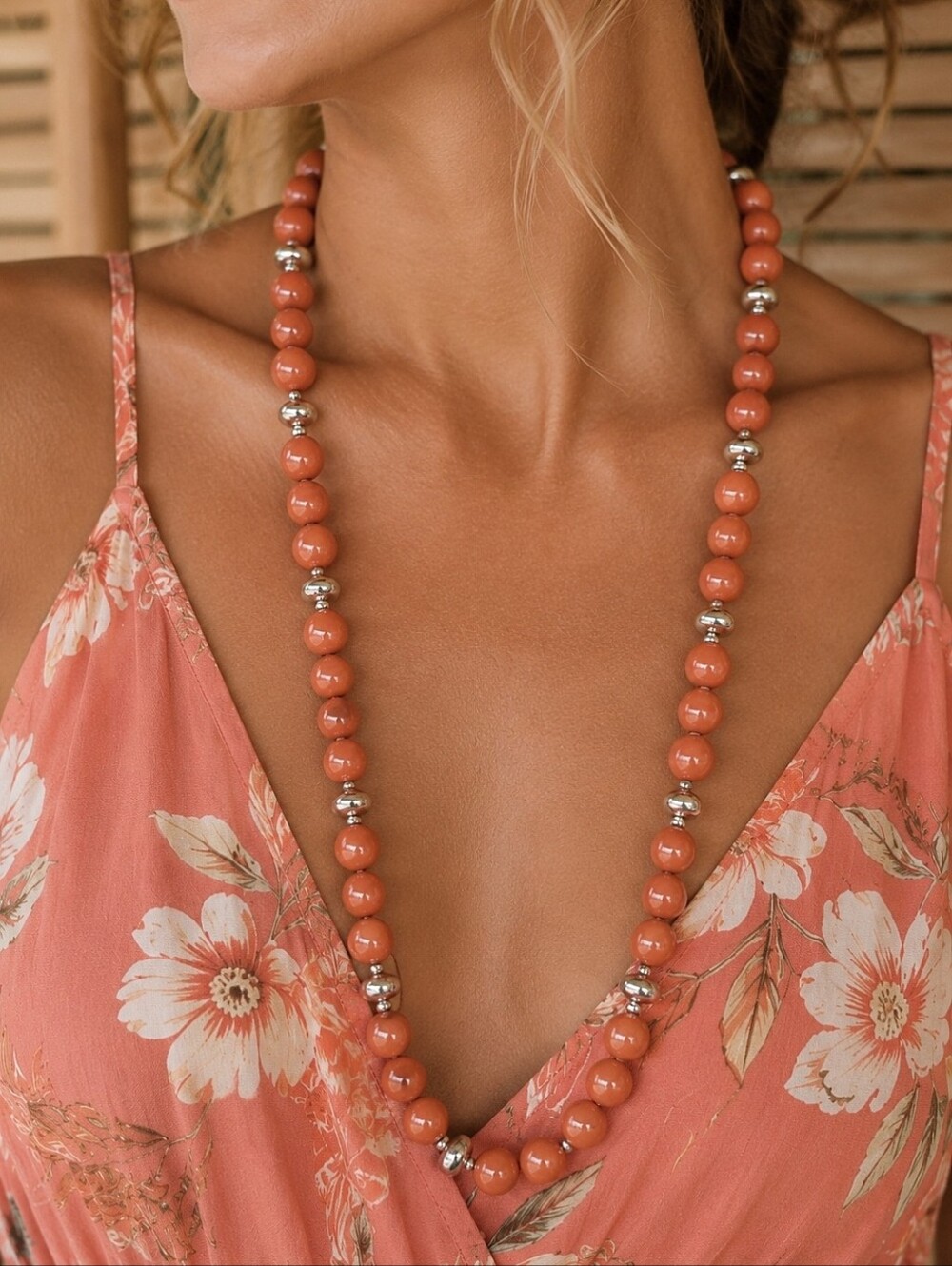 Faux Coral Color Long Swirled Marbled Bead Necklace Silver Accents Old Stock